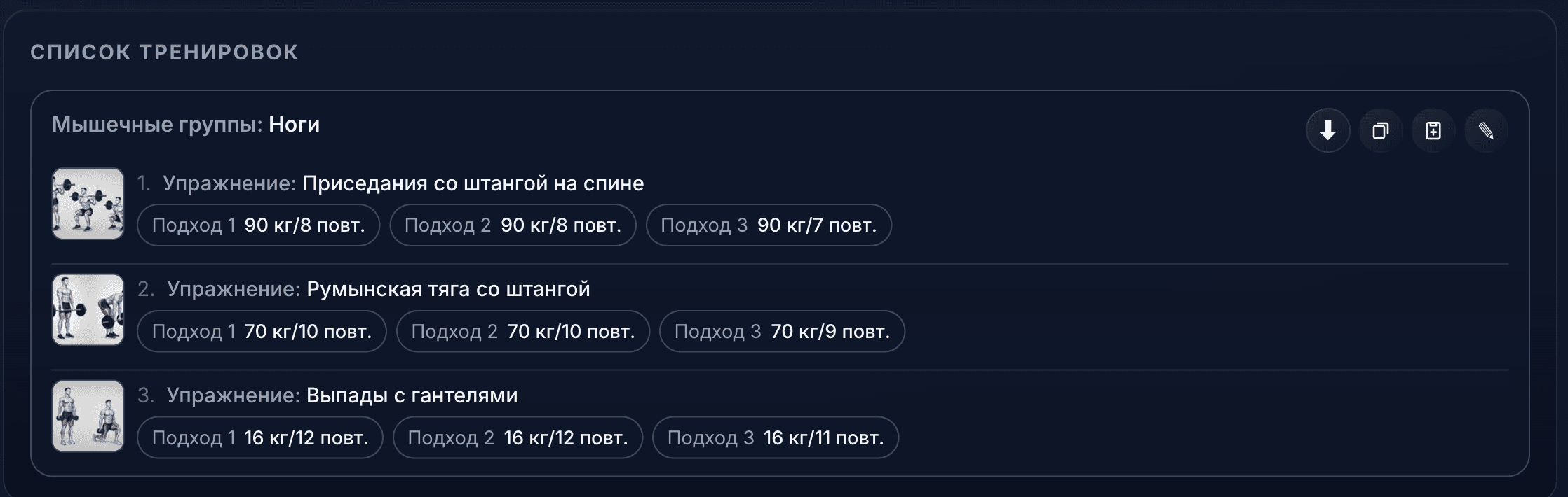 Список подходов за тренировку: упражнения, веса и повторения
