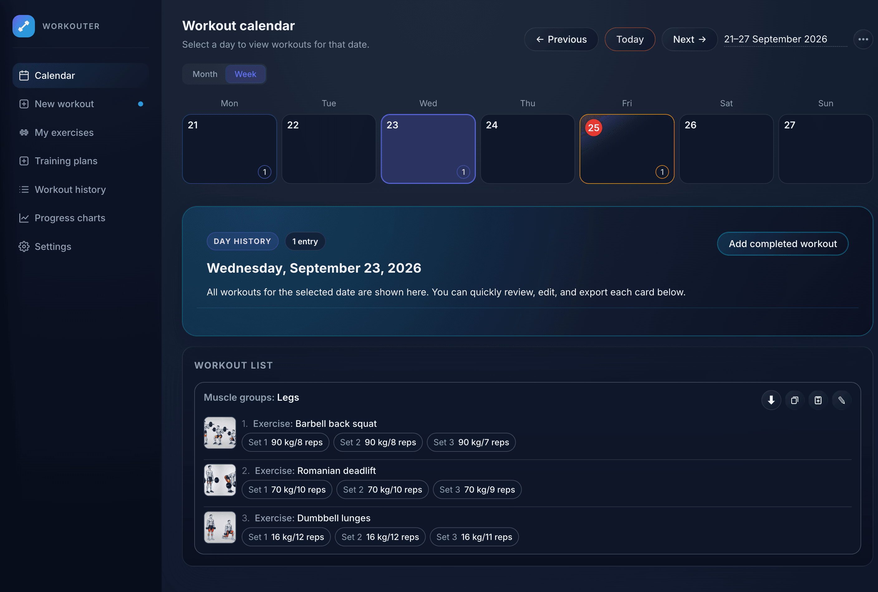 Workouter training calendar: a week with logged and planned workouts and the day's set list