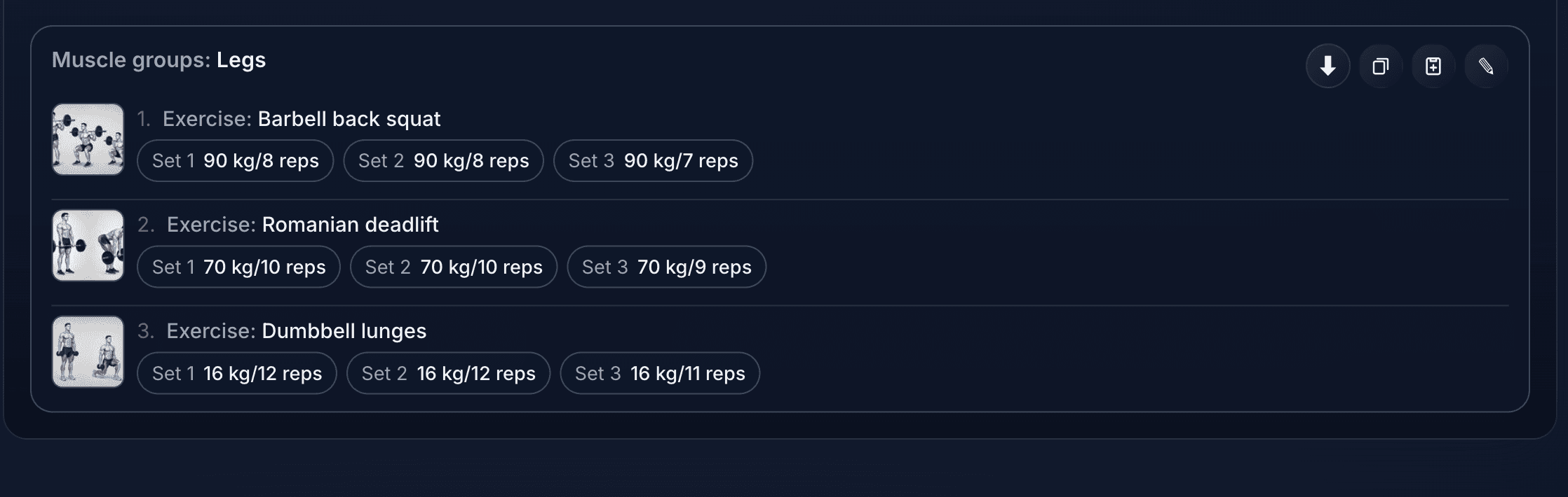 Set list for a workout: exercises, weights and reps