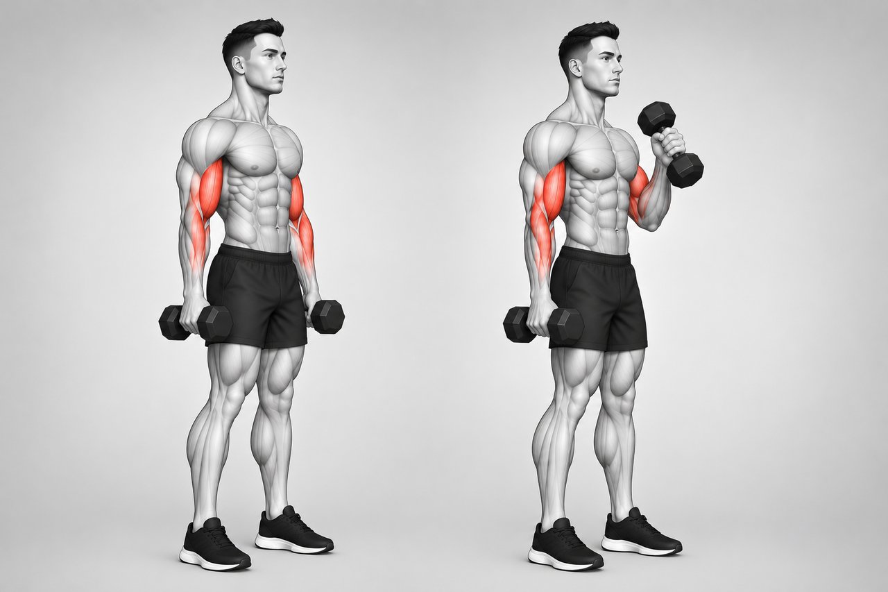 Иллюстрация: Сгибание рук с гантелями в стиле «Молот»